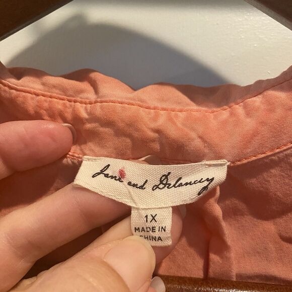 Jane + Delancey Top Women 1X Orange Watercolor Roll Tab Boho Fall Colors - Picture 2 of 11